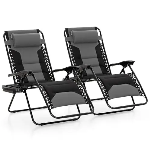 MAISON ARTS Oversized Zero Gravity Chairs Set of 2, Folding Padded Recliner Anti Gravity Lounge Chair with 28" Wide Seat and Cup Holder, Support 400lbs, Grey & Black