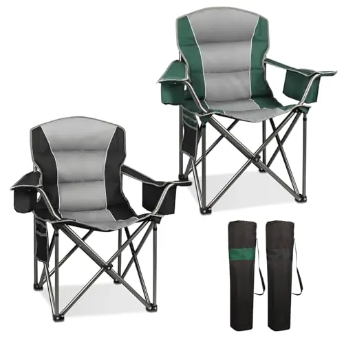 Northroad 2 Pack Oversized Camping Chair, Padded Portable Chairs Heavy Duty Camping Folding Chairs w/Cooler Bag & Cup Holder, Support 400 LBS for Outdoor, Fishing & Garden (Black & Green)