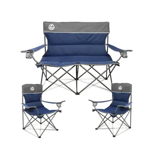 Northroad Outdoor Camping Chair Set of 3,Folding Padded Camp Chair,Collapsible Conversation Set w/1 Sofa,2 Single Chairs for Family Patio,Beach (Blue)