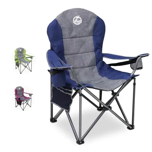 Northroad Oversized Portable Camping Chair, Full Padded Outdoor Folding Chair Support 350 LBS, Heavy Duty Lawn Chair with Cup Holder, Cooler Bag, Lumbar Support, Head Pocket for Adult-Blue