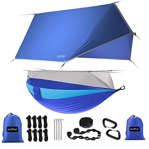 Sunyear Camping Hammock-Hammocks with Net and Rain Fly Tarp - Portable Single&Double Lightweight Nylon Parachute Hammocks with Hammock Tree Straps for Backpacking Hiking Travel Camping Indoor Outdoor