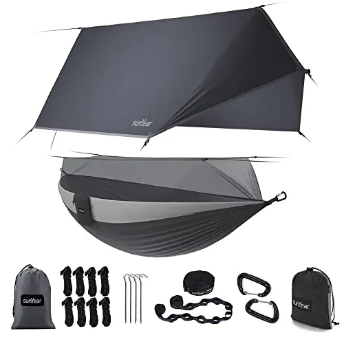 Sunyear Camping Hammock-Hammocks with Net and Rain Fly Tarp - Portable Single&Double Lightweight Nylon Parachute Hammocks with Hammock Tree Straps for Backpacking Hiking Travel Camping Indoor Outdoor