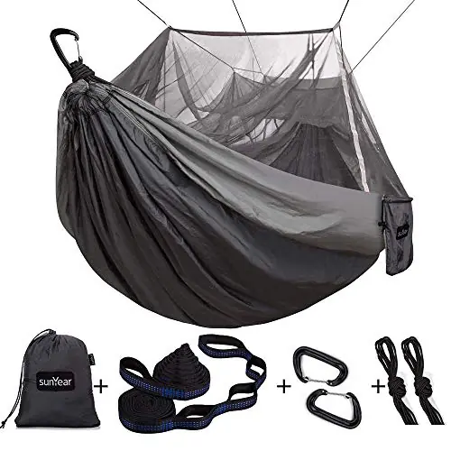 Sunyear Camping Hammock, Portable Single & Double Hammock with Net, 2 Person Hammock Tent with 2 * 10ft Straps, Best for Outdoor Hiking Survival Travel
