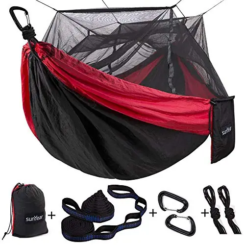Sunyear Camping Hammock, Portable Single & Double Hammock with Net, 2 Person Hammock Tent with 2 * 10ft Straps, Best for Outdoor Hiking Survival Travel