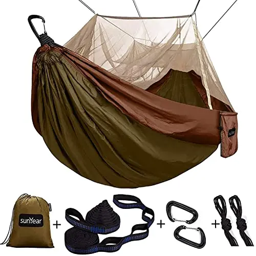Single & Double Camping Hammock with Net, Portable Outdoor Tree Hammock 2 Person Hammock for Camping Backpacking Survival Travel, 10ft Hammock Tree Straps and 2 Carabiners, Easy to Setup