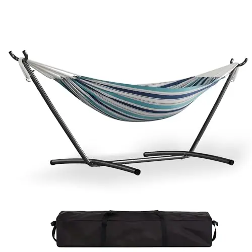 Garvee Double Hammock with Foldable Steel Stand and Carry Bag – Indoor/Outdoor Standing Hammock, 450 LBS Capacity, for Garden, Camping, Beach (Ocean)