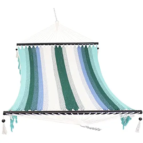 Sunnydaze Woven Double Hammock for Outside with Crocheted Edges and Spreader Bars - 600-Pound Weight Capacity Outdoor Hammock for Trees - Lagoon Stripes