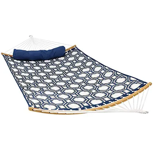 Sunnydaze Outdoor Hammock with Spreader Bar - 450-Pound Capacity Curved Spreader Bar Hammock - Navy and Gray Octagon