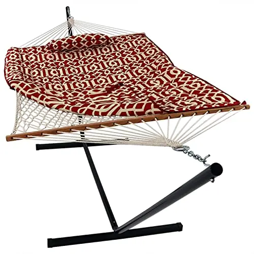 Sunnydaze Rope Hammock with Stand for Outside- 275-Pound Capacity - Includes 12-Foot Hammock Stand, Spreader Bar, Pad, and Pillow - Royal Red