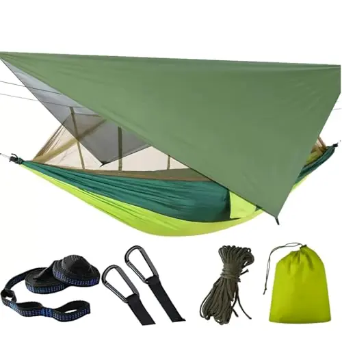 REORANGE Double Camping Hammock with Mosquito Net and Rain Fly – Lightweight 3-in-1 Tent Setup for Outdoor Hiking, Travel, Patio & Backpacking – Portable Hammock for Adults with Tree Straps & Bug Net