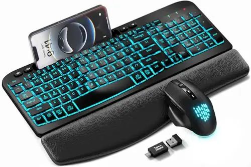 MA22 Pro Wireless Keyboard and Mouse Combo - Ergonomic Wave Keyboard with Soft Leather Wrist Rest