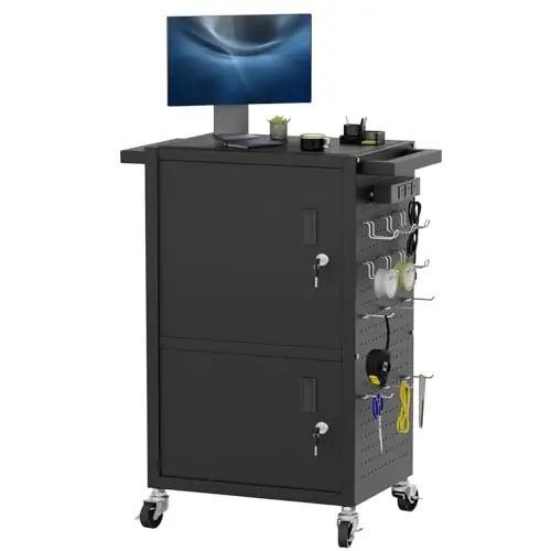 AV Cart - Heavy Duty Computer Cart with 2 Cabinets, Rolling Media Cart with 4 Outlets & Pegboard & Hooks