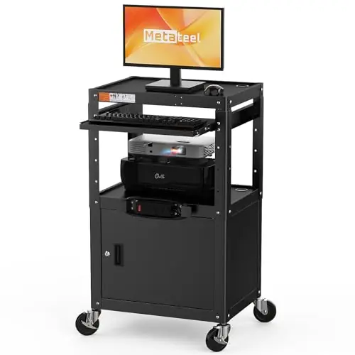 Steel Large AV Cart with Extra Storage - Adjustable Height Cart with Locking Cabinet