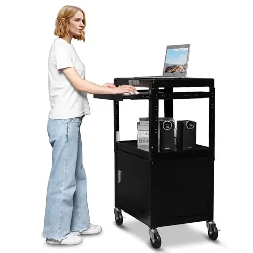 Bonnlo 3-Tiers Rolling AV Presentation Cart with Storage, Mobile Computer Utility Media with Keyboard Tray