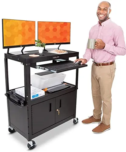 AV Cart with Locking Cabinet Height Adjustable Utility Cart with Pullout Keyboard Tray & Cord Management