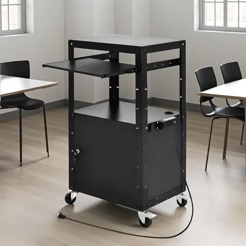 AV Presentation Cart Stand with Locking Cabinet, Steel Rolling Metal Cart on Wheels with Keyboard Tray & 16.