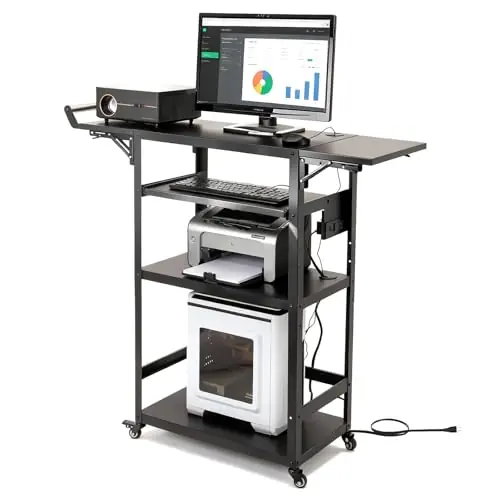 All-Steel AV Cart with Wheels and Power, Height Adjustable Media Workstation with Drop-Leaf Shelves for Projectors, Laptops & Printers
