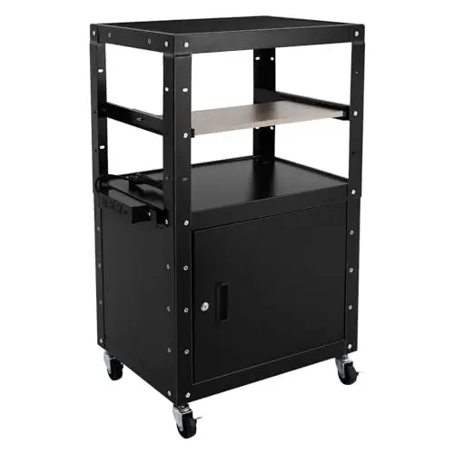 Steel AV Cart with Keyboard Tary and Locking Cabinet Rolling Small Office Laptop Table with Power Socket