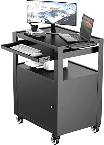 AV Cart with Keyboard Tary and Locking Cabinet Laptop Cart on Wheels Utility Carts and Pullout Tray