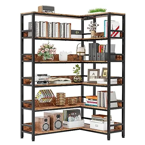Corner Bookshelf 6 Tiers, Industrial Corner Bookcase with Baffles Etagere,