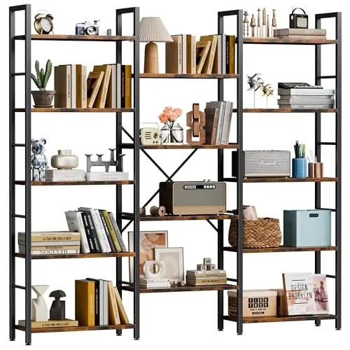 Shintenchi Triple Column 5 Tier Bookshelf, Industrial Large Bookcase Display Shelves