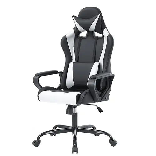 PayLessHere Ergonomic Racing Desk Chair Gaming Chair Computer Chair with Armrests 360° Swivel & Caster Pu Desk Task Chair (White)