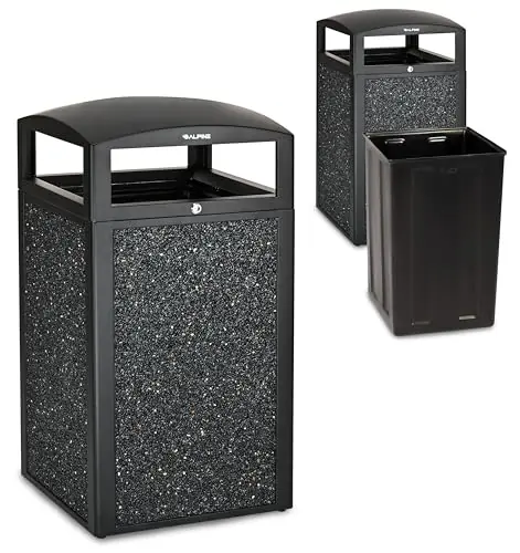 Alpine Industries 40 Gallon Commercial Outdoor Trash Can, Metal with Removable Bin & Locking Lid (Black, Grey Stone)