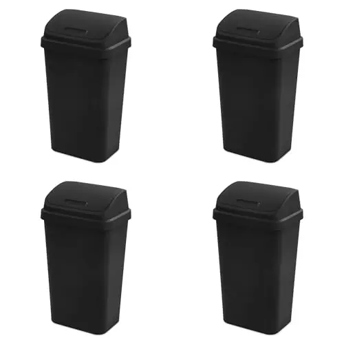 4-Pack Swing Top Wastebasket, Sleek Square Profile Trash Can, 13 Gallon, Black, Fits 13 Gal Liners