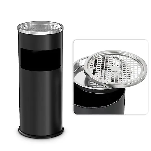 Black Trash Can with Lid Outdoor Indoor Stainless Steel Commercial Garbage Bin Waste Container, Black, 9.8 in x 24 in (D * H)