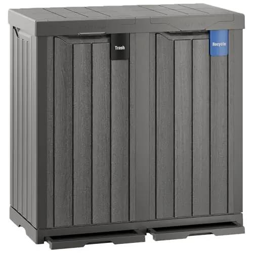 EAST OAK 62 Gallon Outdoor Trash Can Waterproof Resin Garbage Can with Recycle and Garbage Labels Gray