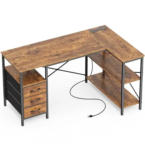 Huuger L Shaped Office Desk with Power Outlets, 47 Inch Computer Desk with 3 Drawers, Rustic Brown