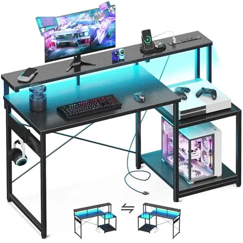 AODK Computer Desk, 48 Inch Gaming Desk with Led Lights & Power Outlet, Office Desk with Storage Shelves, Carbon Fiber Black
