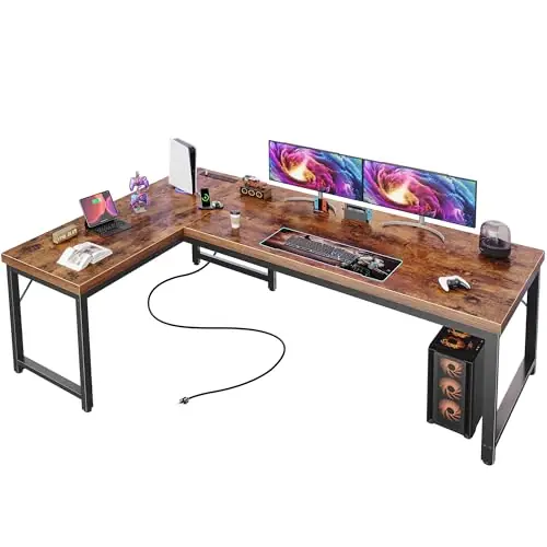 Huuger 63 Inch L Shaped Desk with Power Outlets and USB-C Port, 0.95 Inch Thicker Desktop, Reversible Computer Desk, Rustic Brown
