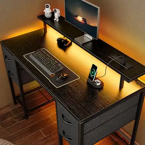 47 inch Computer Desk with 4 Drawers, Gaming Desk with LED Lights & Power Outlets, Work from Home, Black