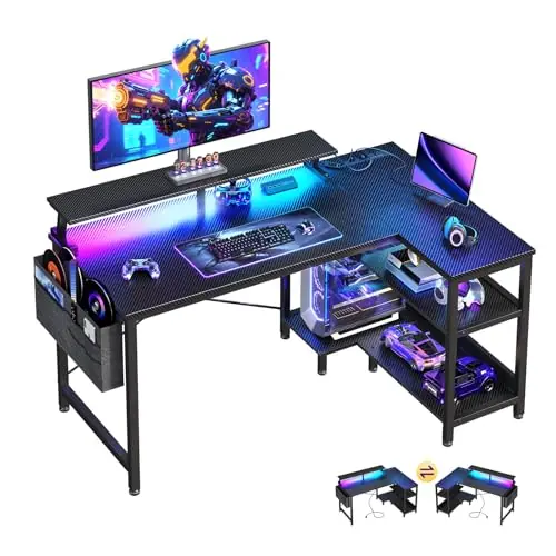 ODK 40 Inch Gaming Desk with USB Power Outlets and LED Lights, Reversible L Shaped Computer Desk, Black