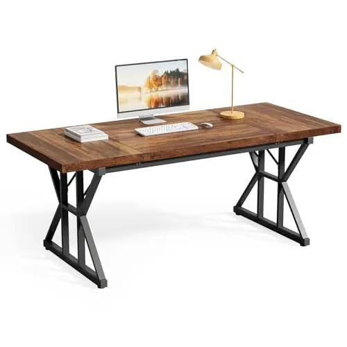 70.8-Inch Office Desk, Wooden Executive Office Desk, Modern Work Desk, Brown-Black