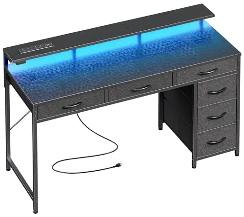 Gaming Desk with 6 Drawers, Computer Desk with LED Lights Power Outlets and Type-C, 47 Inch Office Desk, Black