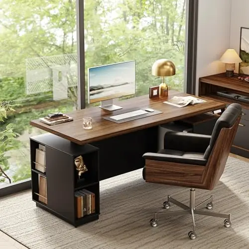 71" Standing Executive Desk with Privacy Panel, Large One-Piece Electric Height Adjustable Stand Up Desk with Charging Station, Black Walnut