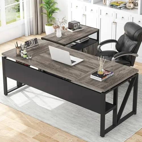 L Shaped Desk with Drawer Cabinet, 63" Executive Computer Desk and lateral File Cabinet, 2 Piece Home Office Furniture (Gray, 63 inches)