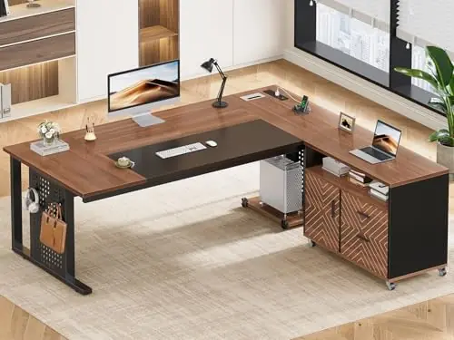 71" Executive Desk with Rolling File Cabinet, Large Office Desk with Drawers, L Shaped Computer Desk, Brown
