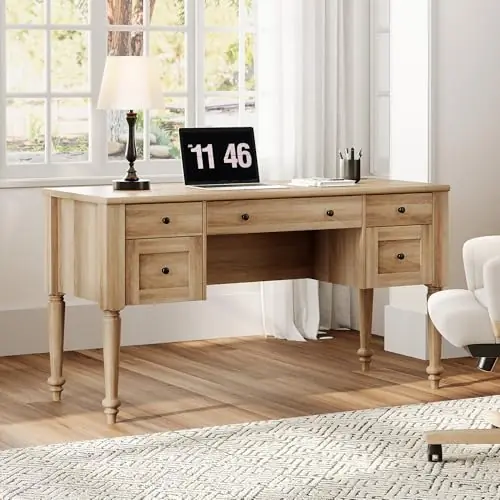 WAMAPT Farmhouse Executive Desk with 5 Drawers, Home Office Desk with Charging Station, 55 inch