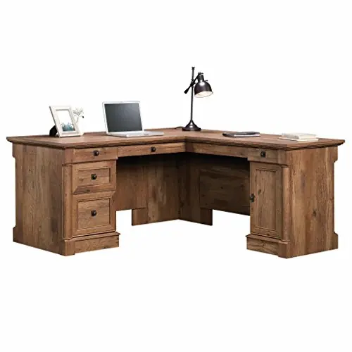 L Shaped Desk with Drawers, Office Desk with File Cabinet Storage, Cable Management, Keyboard Tray, in Vintage Oak Finish