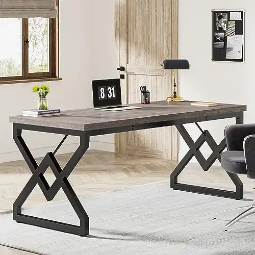 63 Inch Executive Desk, Large Office Computer Desk with Extra Thick Wooden Tabletop and Metal Frame, Gray