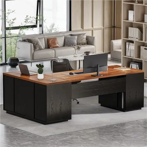 87-Inch Modern Executive Desk with File Cabinet, Large Home Office Desk with Drawers, 3-Drawer Wooden File Cabinet (Brown & Black)