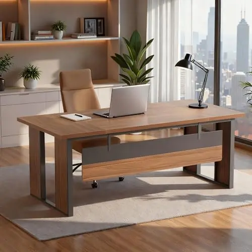 63" Executive Desk, Modern Office Desk with Privacy Panel & Metal Frame, Large Computer Desk for Home Office (Brown & Black, Only Table)