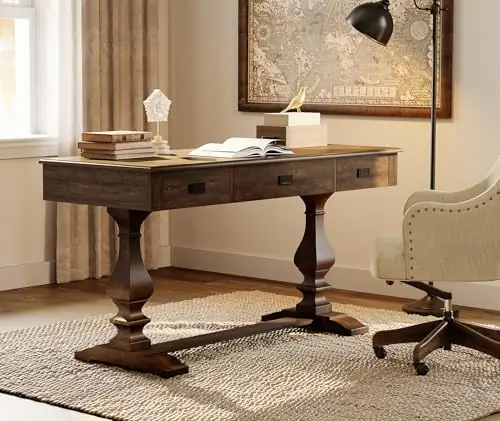 60-inch Vintage Wood Home Office Desk with Stable Solid Wood Pedestral Legs, Tradional Rustic Executive Desk, Dark Walnut Brown