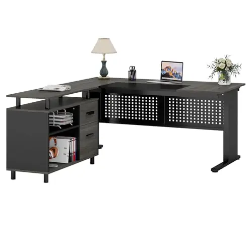 Large Computer Desk with File Cabinet, 63 Inch Executive Desk L Shaped Office Desk with Drawers and Storage Shelves