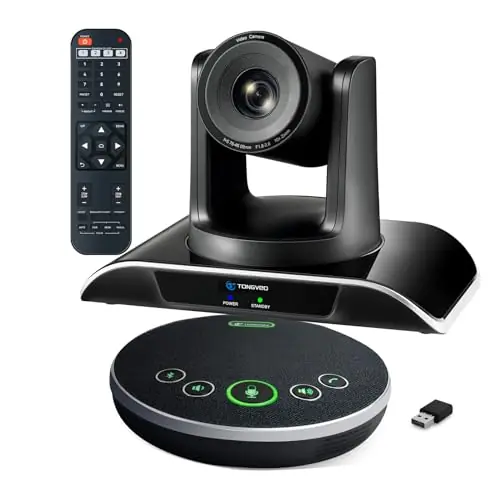 Conference Room Video Camera System, All-in-One HD Camera and Bluetooth Conference Speaker with Microphones Bundle for Medium Room