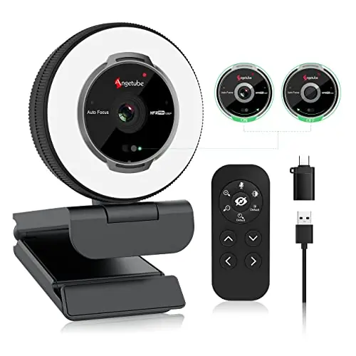 Angetube Streaming Webcam with Microphone 1080P 60FPS USB Web Cam with Ring Light and Remote Control - HD Web Camera