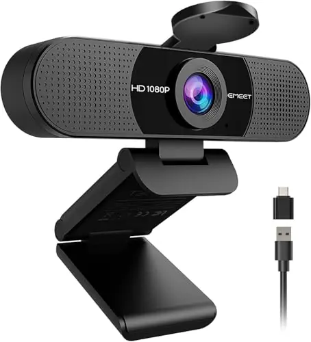 1080P Webcam with Microphone, C960 Web Cam, 2 Mics, 90° FOV, USB Type-A & A-to-C Adapter, Plug&Play Computer Camera for Online Calling